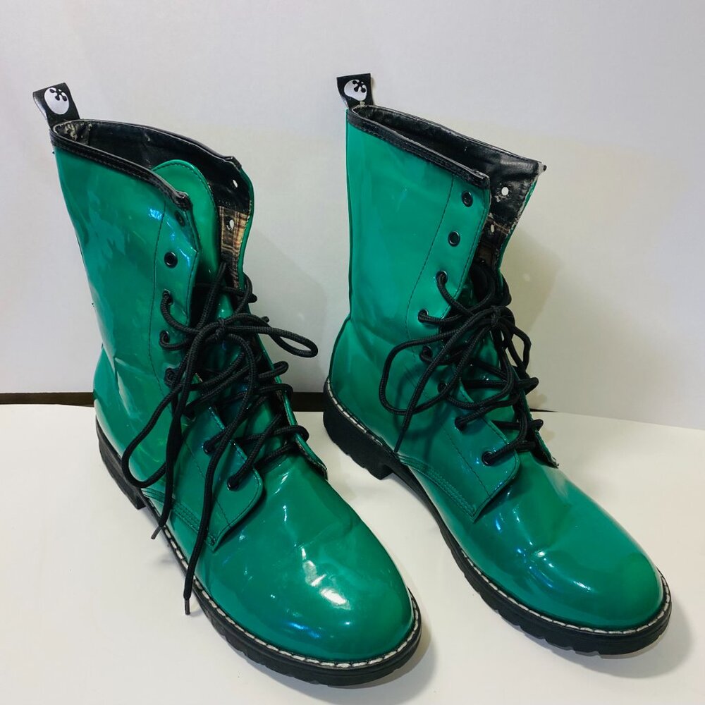 Women's Patent Shiny Green Leather Combat Boots Size 8.5
